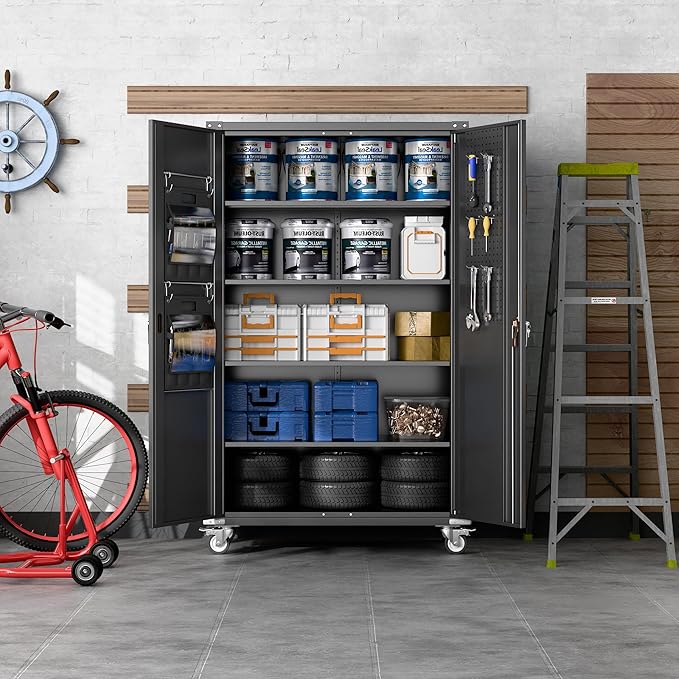 43.3''W x 22''D x 72''H Wide and Deep Garage Storage Cabinet with Wheels & Pegboard & 9 Hooks, Lockable Metal Storage Cabinet with 2 Doors and 4 Adjustable Shelves for Garage, Home, Black