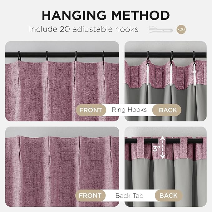 Joydeco Pinch Pleated Curtains - 100% Blackout for Bedroom, Pink Linen Curtains 40" W x 84" L, Thermal Insulated 2 Panels Light Blocking Drapes, Back Tabs for Living Room