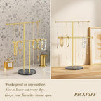 pickpiff Necklace Holder Stand: 2 Tier Jewelry Organizer with Marble Base, Gold Jewelry Tree Display for Bracelets, Rings, Earrings, Gold and Black
