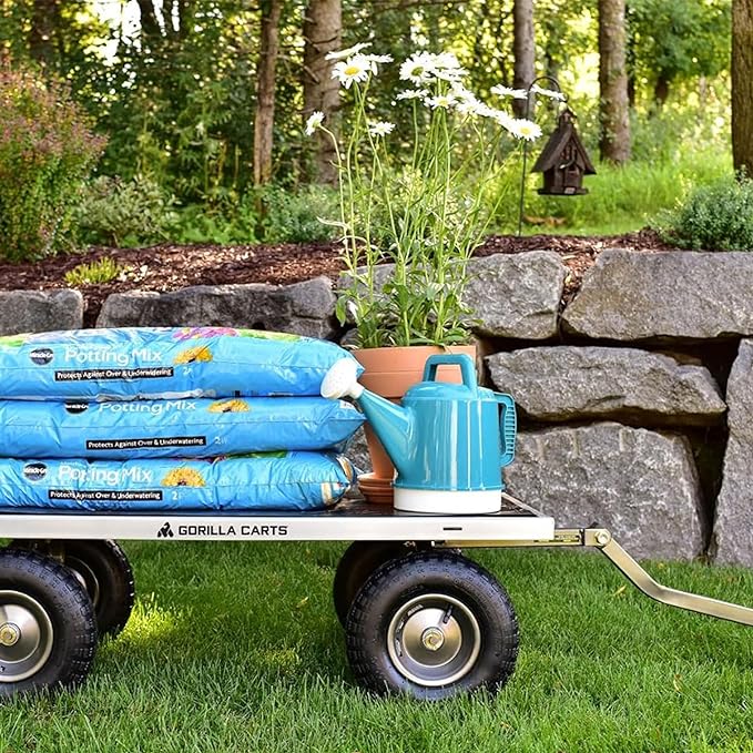 Gorilla Carts Steel Utility Cart, 7 Cu Ft Bed, 1000 lb Load Capacity, Gray – Towable Heavy-Duty Outdoor Hauling Wagon with Removable Side Panels for Yard, Lawn, Garden or Landscaping