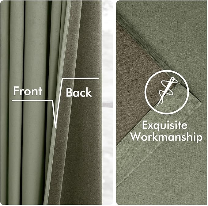 MIULEE Sage Green Velvet Curtains 96 Inches Long 2 Panels Set for Bedroom, Pinch Pleat Back Tab Thermal Insulated Living Room Darkening Drapes Pleated Blackout Floor to Ceiling Curtains with Hooks