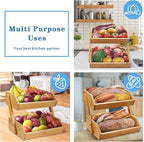 2 Tier Fruit Basket For Kitchen- Bamboo Fruit and Vegetable Storage Bowl Stand For Kitchen Countertop, , Produce Basket Fruit Holder for Potato, Onion, Bread, Snack Storage