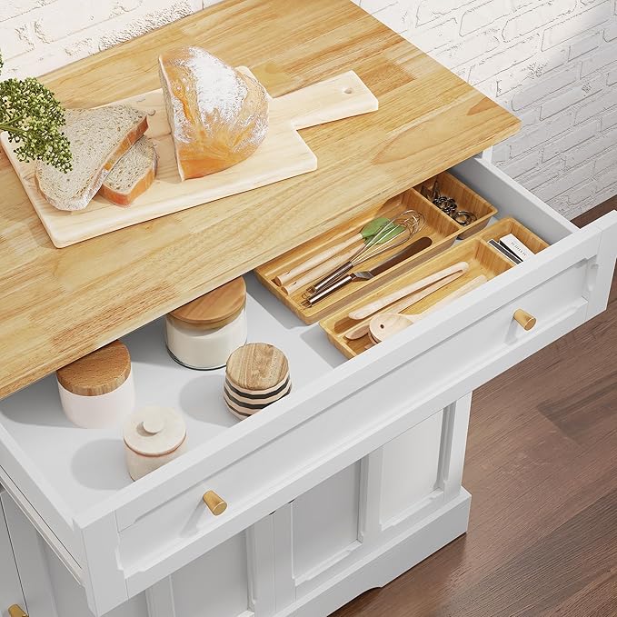 HLR Kitchen Island Cart with Storage, Carved Doors Modern Rolling Islands with Drop Leaf, Sideboard Buffet Cabinet on Wheels, Bar Table for Kitchen, Dining Room (White)