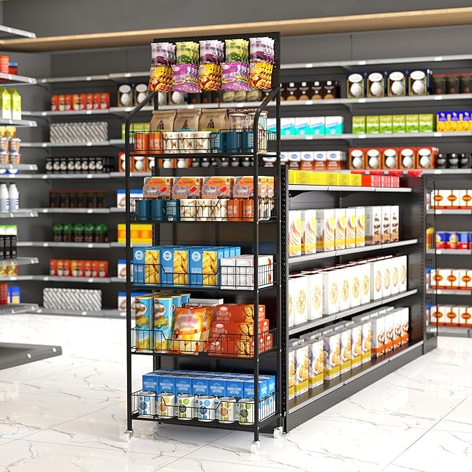 Retail Snack Display Stand,5-Tier Black Metal Storage Shelf Brackets with Wheels & Hooks,Metal Storage Shelves Heavy Duty, Retail Display Shelves Racks,Snack Organizer Stand Display Supplies