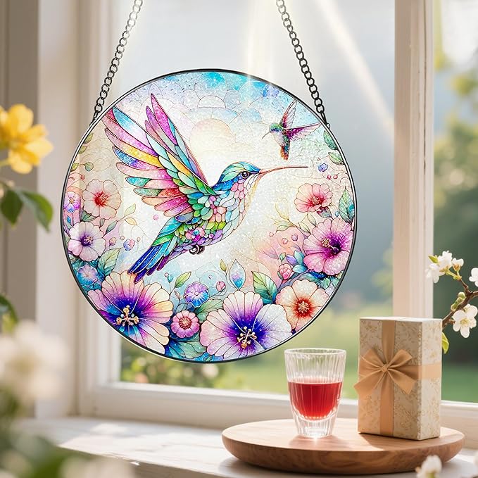Stained Glass Window Hanging, Pauyadu Hummingbird Sun Catchers, Stained Glass Suncatcher, Hummingbird Decor Gifts for Women, Mom, Grandma, Wife, Lovers and Couple - 8 Inch