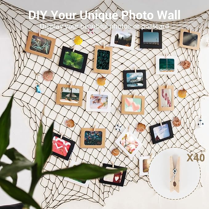 80x40 Inch Decorative Fishing Net w/Shells & Clips, 3mm Brown Natural Cotton Large Photo Hanging Fishnet, Wall Halloween Party Decorations for Nautical Pirate Hawaii Underwater Mermaid Themed Party