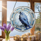 8 Inch Stained Glass Suncatcher Ornament, DOUHASU Crow Sun Catchers Indoor Window, Stained Glass Window Hanging, Home Decor, Bird Lovers Gifts for Women, Men
