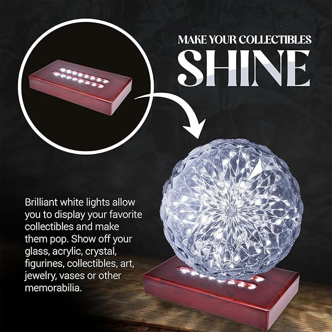 16 LED Light Base for Glass Art - Illuminated Rectangle Display Pedestal - Lighted Stand For 3D Crystal and Glass Sculptures - Adapter Plug Powered - 6.50 Inch Lighted Mirror Box (Cherry Wood)