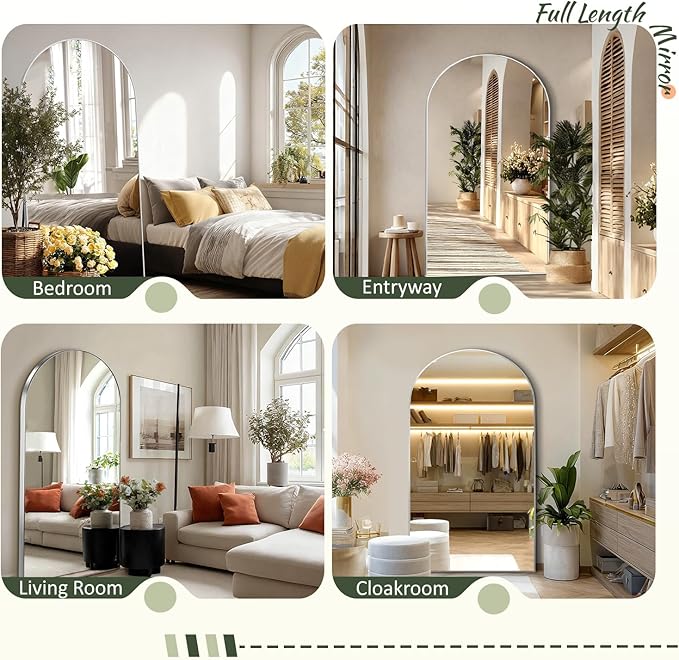 EOGOW 71" x 31" Arched Full Body Mirror,Standing or Leaning Tempered Glass Shatterproof Full Length Mirror with Stand for Bedroom Living Room Entryway,Silver