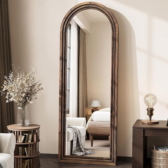 Arched Full Length Floor Mirror 63"x21", Triple-Layer Solid Wood Frame, Rustic Farmhouse Full Body Mirror with Stand for Bedroom, Entryway & Living Room, Walnut Finish