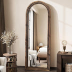 Arched Full Length Floor Mirror 63"x21", Triple-Layer Solid Wood Frame, Rustic Farmhouse Full Body Mirror with Stand for Bedroom, Entryway & Living Room, Walnut Finish