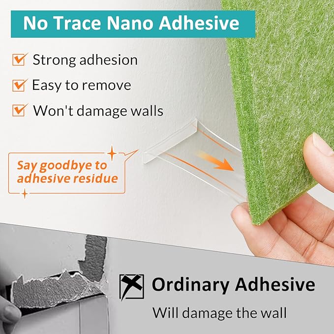 Large Bulletin Board 48" x 36" - 12 Pack Felt Wall Tiles with 60 Pcs Safe Removable Adhesive Tabs & 40 Pcs Pushpins, Cork Board for Office, School & Dart Wall Protector - Sage Green