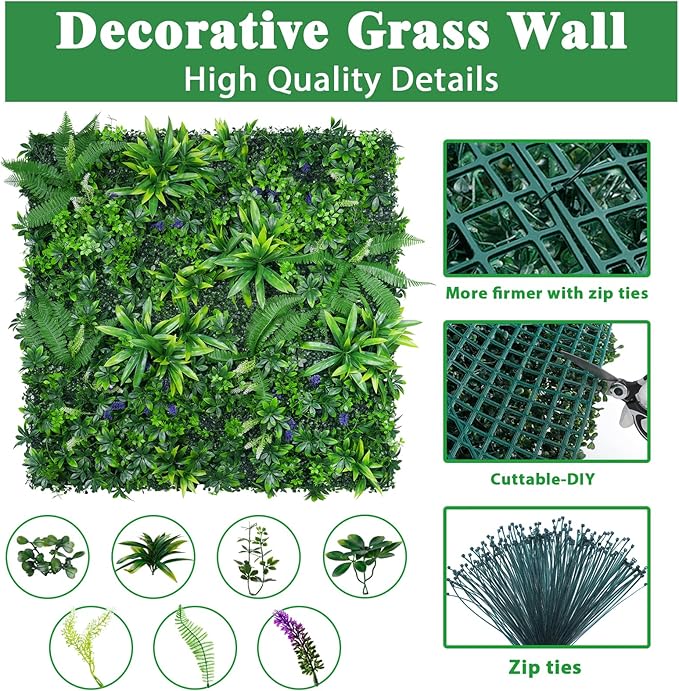 12pcs 20''x20'' Grass Wall Panels, Artificial Hedge Panels Greenery Wall, UV Protected Faux Grass Backdrop Privacy Fence Screen, Greenery Wall for Outdoor Indoor Garden Birthday Wedding Decor
