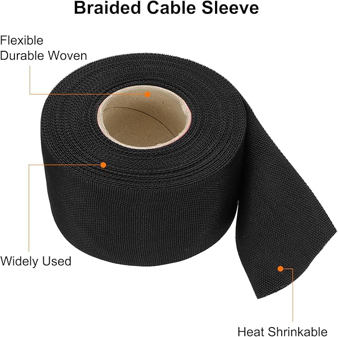 MECCANIXITY Braided Cable Sleeves Heat Shrinkable Fabric Sleeving, 2" 40ft Black 2:1 Ratio Heat Shrinkable Cord Protector for Harness Cable, Network Cable Protection, Cable Management