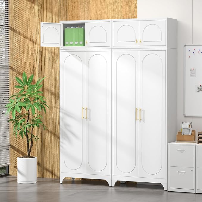 Metal Storage Cabinet and Wall Upper Storage Cabinet,90Inch White Kitchen Pantry Cabinets with 4 Adjustable Shelves,Tall Food Cupboards for Living Room, Dining Room Office