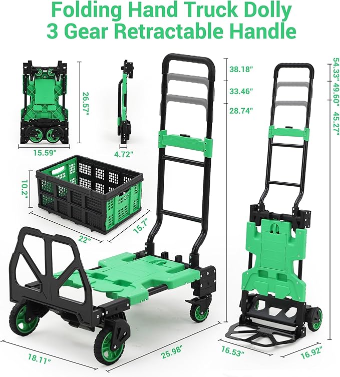 2-in-1 Folding Hand Truck with Folding Basket, Collapsible Hand Truck Dolly with Retractable Handle & 4 Wheels, 330 LB Capacity Portable Dolly Cart for Moving, Shopping, Green