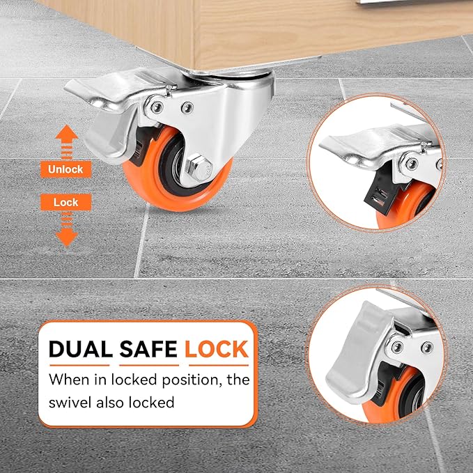 W B D WEIBIDA 2" Plate Caster Wheels Heavy Duty 600 Lbs Load Capacity Swivel Casters with Brake Set of 4, Safety Dual Locking, No Noise Wheels for Furniture, Carts (Screws and Screwdriver)
