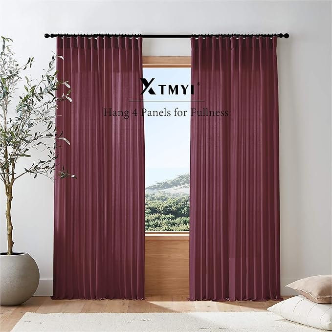 XTMYI Dark Red Burgundy Curtains 63 Inch Length for Dining Room Kitchen Window,2 Panels Light Filtering Semi Privacy Linen Sheer Curtain for Bedroom