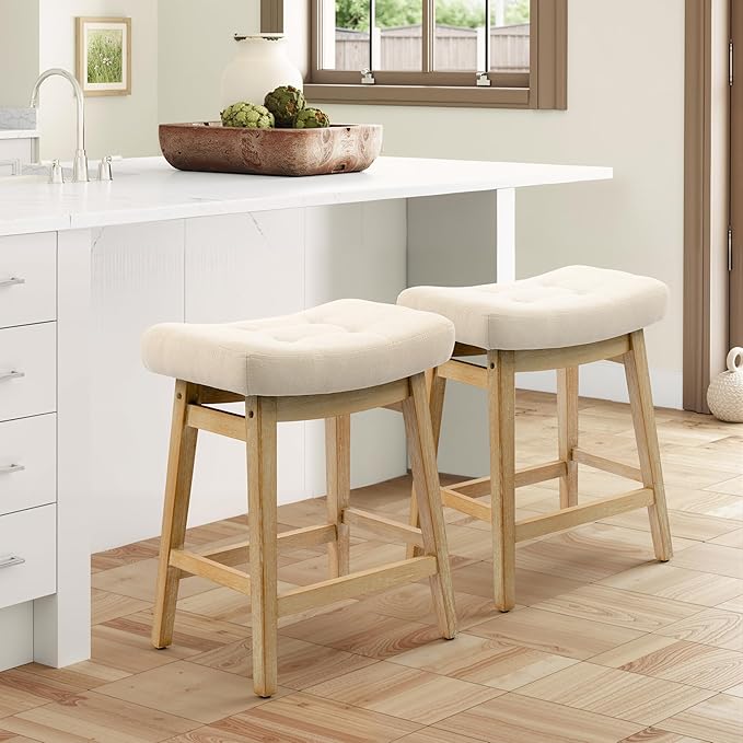 Counter Height Bar Stool for Kitchen Counter Modern Backless Barstool with Upholstered Fabric Seat and Solid Wood Leg Farmhouse 24 inch Bar Chair, Khaki + Wood Color, 1pc