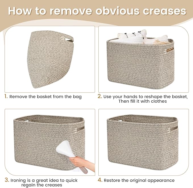 3 Pack Shelf Woven Storage Basket, 15 x 10 x 9” Closet Rope Baskets For Organizing, Square Bins with Handles, Brown