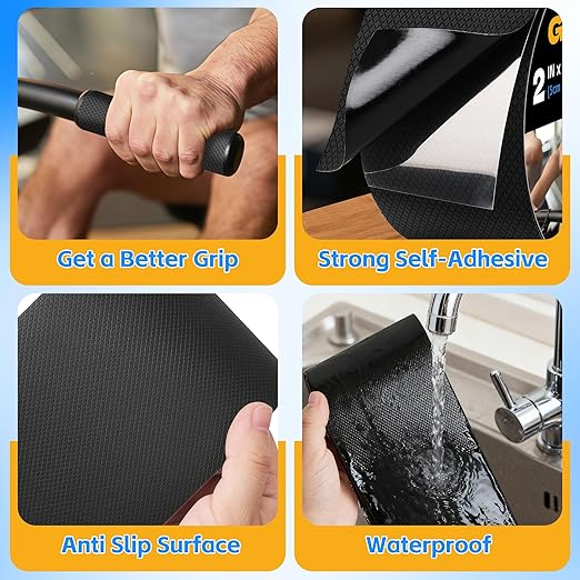 Rubber Grip Tape, 1 in x 22 Ft Black Ultra-Thin Strong Adhesive Non-Slip Tape, Anti-Slip Grip Tape for Handles, Waterproof Heat Resistant Cushion Grip, Comfortable in Hands