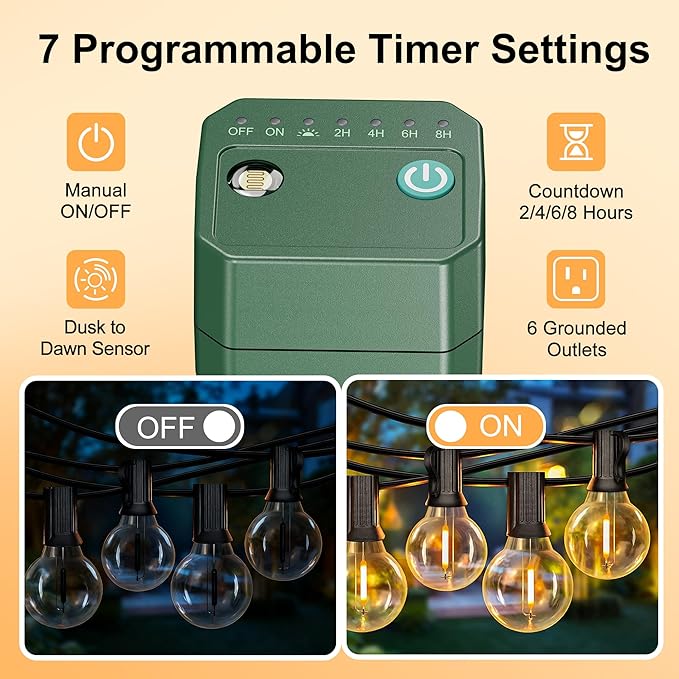 BN-LINK Outdoor Power Stake Timer 25FT Extension Cord Waterproof, Remote Control Photocell Dusk to Dawn Light Timer, 6 Grounded Outlets for String Lights & Christmas Decorations, ETL