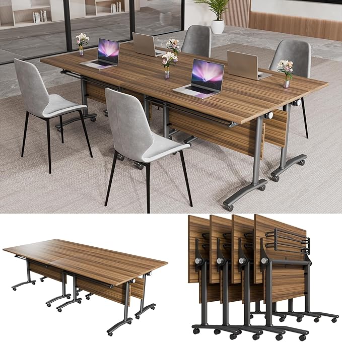 Conference Table, Modern Folding Meeting Tables with Flip Top, Mobile Podcast Table with Four Locking Wheels, Large Training Table for Meeting Room, Office, Classroom (4, A, 61in)