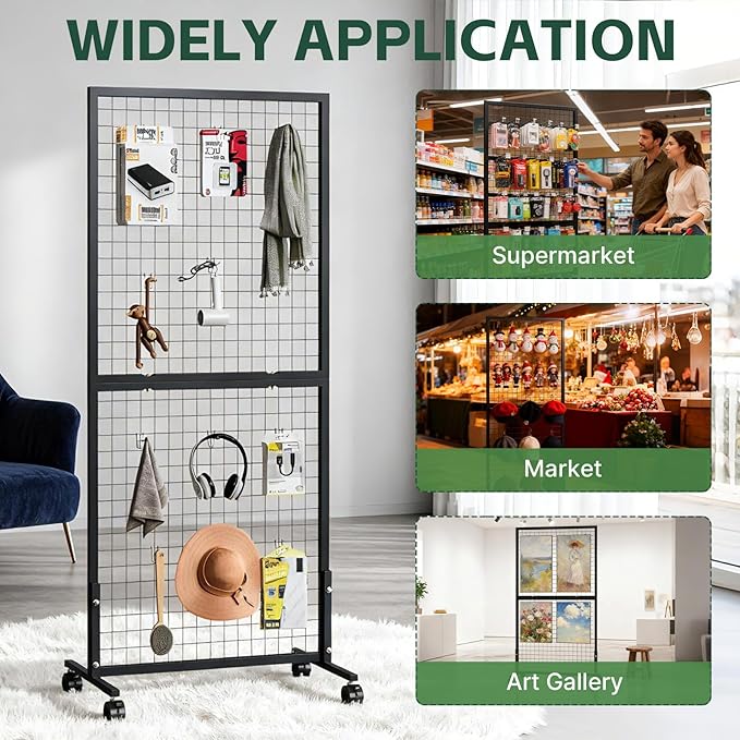 3 Pack Grid Wall Panel Rack, 3x6 Ft Metal Gridwall Display Stand with T-Base Wheels, Heavy-Duty Mobile Freestanding Racks with 20 Grid Hooks, for Retail Store, Craft Show, Boutique, Black