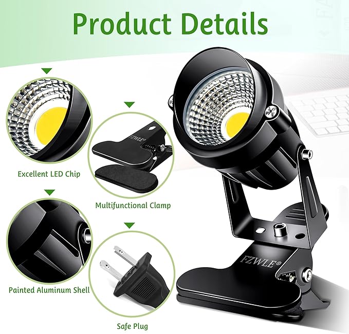 Spot Lights Clamp Indoor Spotlights, 7W Clip on Lights Daylight White Uplights with 6FT Cord and Switch for Trade Show, Workshop, Billboard, Desk Lighting (2 Pack)
