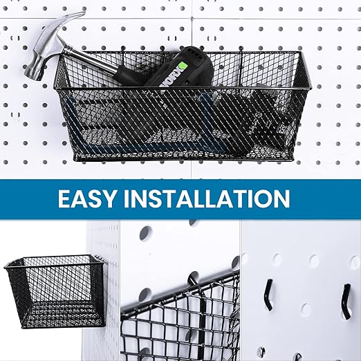 Sieral 4 Pcs Black Pegboard Baskets Metal Wire Shelf Baskets Peg Board Organizer Accessories Wall Mount Organizer Attachments for Garage Workbench Various Tool Accessories, 2 Sizes