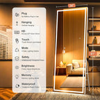 Full Length Mirror with Lights, 81" x 34" Large LED Lighted Floor Standing Body Mirror, Dimmable & 3 Color Lighting for Bedroom, Cloakroom, Dressing Room, Tempered Glass, Square White