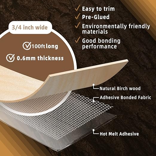 GSCIT Club Birch Edge Banding, 3/4 inch x 100ft roll of Veneer Edge Banding Preglued Flexible, Real Wood Tape Banding