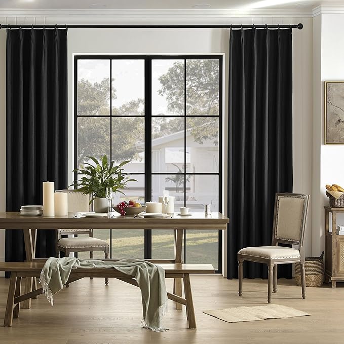 Black Linen Pinch Pleated Blackout Curtains & Drapes 95 Inch Long 2 Panel Sets, Accordion Style Track Room Darkening Thermal Insulated Curtains with Hooks Back Tab 50 by 95 Inch