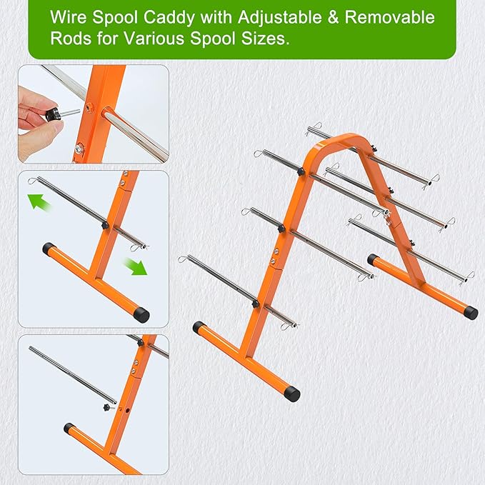 SELEWARE Portable Wire Spool Caddy – Heavy-Duty Steel Cable Dispenser with 6 Adjustable Rods for Effortless Spool Storage & Dispensing (Orange)