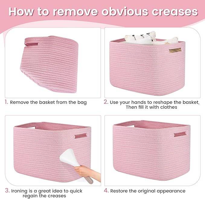 3 Pack Shelf Woven Storage Basket, 15 x 10 x 9” Closet Rope Baskets For Organizing, Square Bins with Handles, Pink