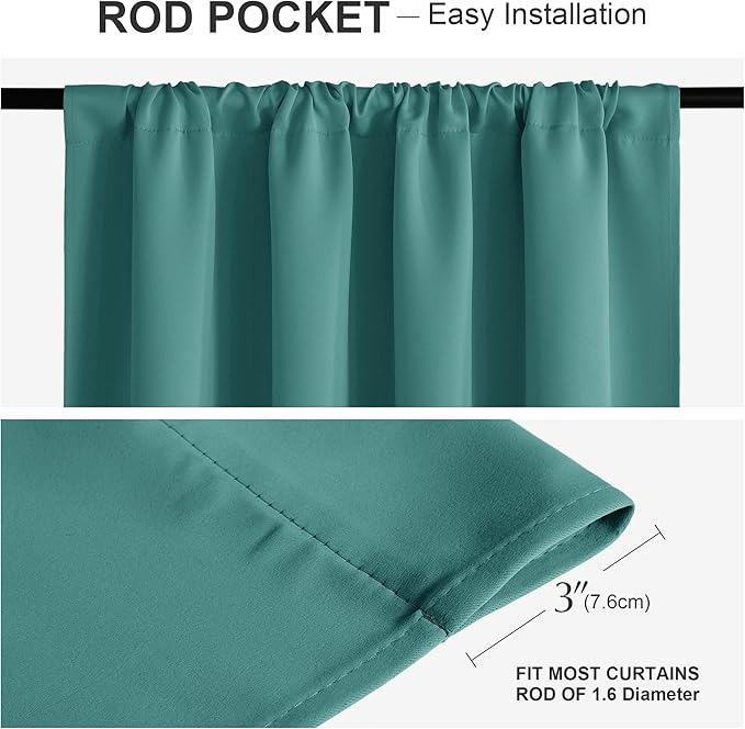 PONY DANCE Rod Pocket Curtains - 42 x 54 inches Sea Teal Blackout Curtain Panels Window Covering Thermal Insulated Light Block for Kitchen Bathroom Privacy Protect Drapes, 2 Pieces