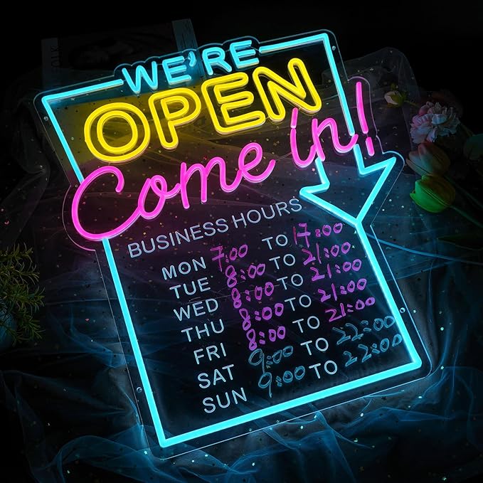 MissAudrey Open Neon Sign for Business with Cycle Timer,We're Open Come In Business Hours Neon Sign with Dimmable for Store front Window Shop Store Bar Salon Cafes Pubs Hotel Wall Decor