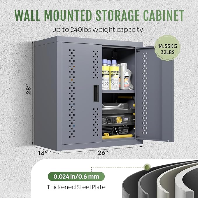 Metal Garage Cabinet, Storage Cabinets, Floating Garage Tool Cabinet with 2 Doors and Adjustable Storage Shelves, Heavy-Duty Tool Organizer for Warehouse, Basement, Kitchen