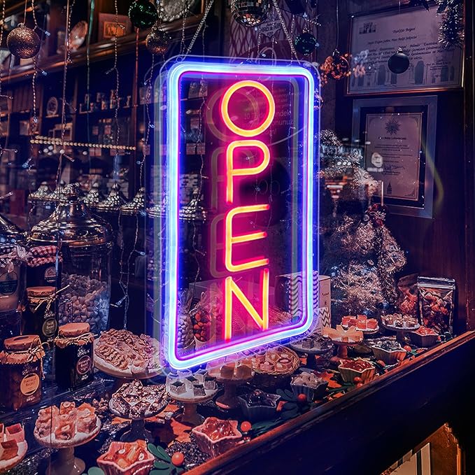 Open Signs for Business,Neon Open Sign Led,16.5"x 9",with Open/Closed Bussiness Hour Sign Set,Light for Bar Coffee Salon Store Window,12V/2A Adapter with ON/OFF Switch (Blue/Red Vertical)