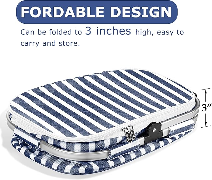 Tirrinia Large Insulated Picnic Basket, 34L Water Resistant & Leakproof Collapsible Portable Cooler Basket Set with Aluminium Handle for Travel, with a Free Foldable Grocery Bag, Strip