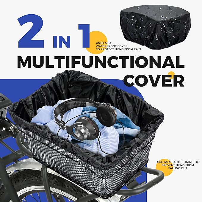 KAUFU Rear Bike Basket with Waterproof Cover and Adjustable Cargo Net, Large Bicycle Cargo Rack Storage Basket, Universal for Most Rear Bike Racks Fit for Shopping, Pets and Daily Outings