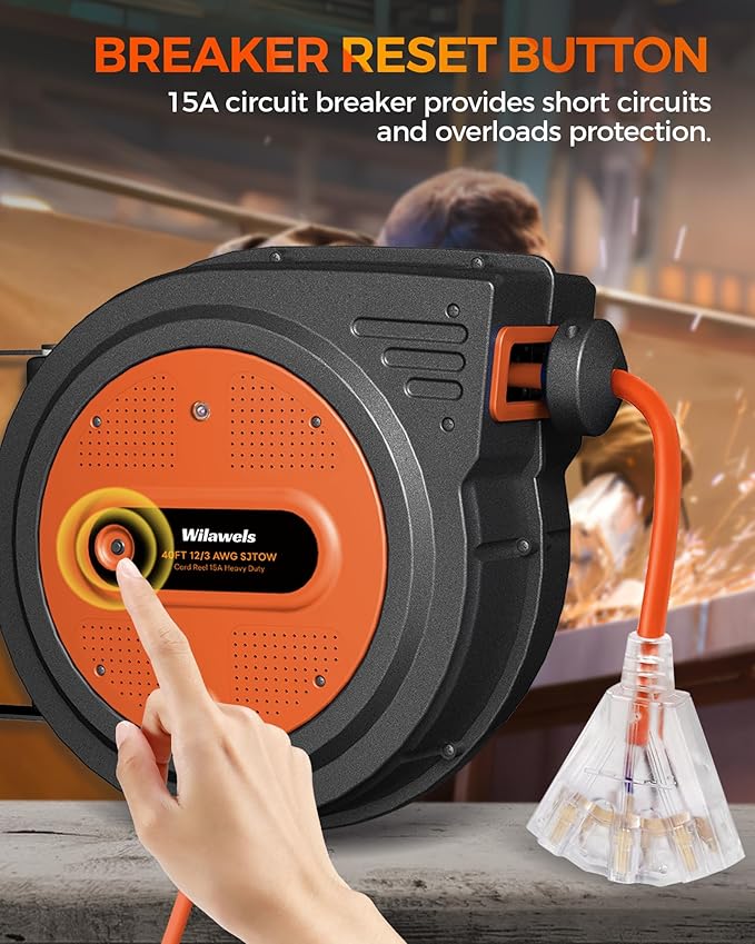 40 FT Retractable Extension Cord Reel, Heavy Duty Power Cord, 12AWG/3C SJTOW, 3 Grounded Outlets Lighted Triple Tap, 15 Amp Circuit Breaker, Wall/Ceiling Mounted, ETL Listed, Orange G40ACR06