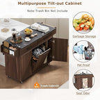 51" Moveable Kitchen Island with Trash Can Storage Cabinet, Kitchen Cart with Drop Leaf, Spice Rack, Towel Rack and Drawer, Rolling Kitchen Island on 5 Wheels with Adjustable Shelf