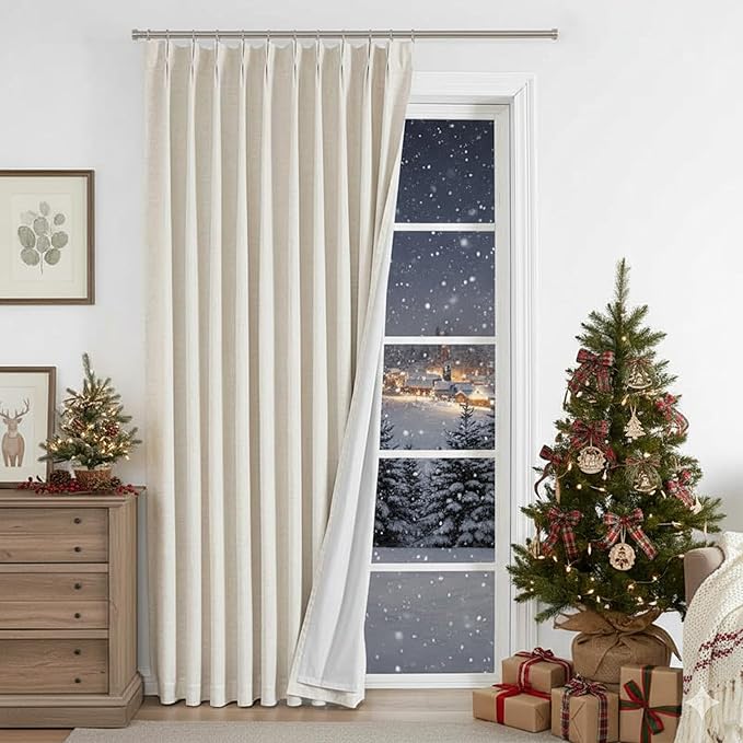 Vision Home Natural Pinch Pleated Full Blackout Curtains Linen Blended Room Darkening Window Curtains 112 inch for Living Room Bedroom Thermal Insulated Pinch Pleat Drapes with Hooks 60" Wx112 Lx1