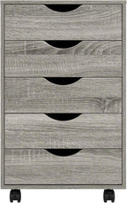 5-Drawer Rolling Storage Cart Organizer - Mobile Under Desk Dresser with Lockable Wheels, Grey Oak Engineered Wood for Home Office Dorm, Compact 15.7 x 15.7 x 26 Inches