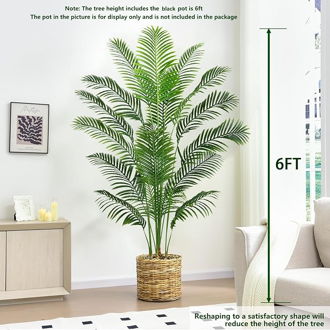 Artificial Palm Tree 6FT Artificia Plants Indoor Fake Trees Tropical Fake Plam Tree Areca Floor Plant in Black Pot with 18 Trunks & Real Bark Design Faux Palm Plant for Outdoor Home Room Decor