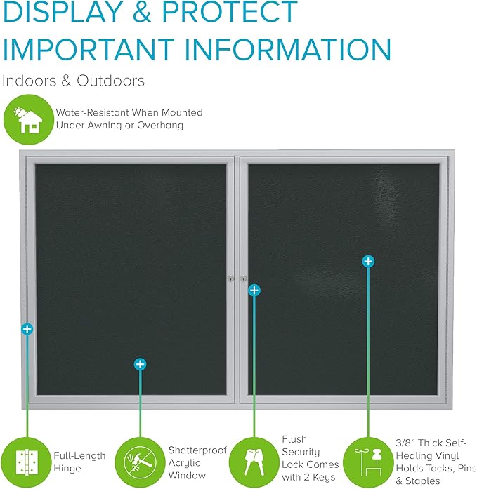Ghent 36"x48" 2-Door Outdoor Enclosed Vinyl Bulletin Board, Shatter Resistant, with Lock, Satin Aluminum Frame - Ebony (PA23648VX-183 ), Made in the USA