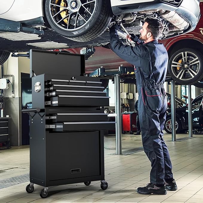 8-Drawers Large Tool Chest, 2-in-1 Detachable Garage Rolling Tool Box Metal Tool Storage Cabinet Removable Lockable Tool Cart with Wheels and Drawers