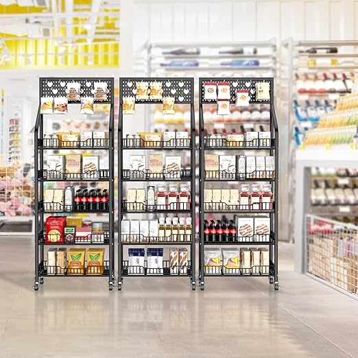 5 Tier Snack Rack Display Stand, Metal Retail Display Rack with Wheels and 15 Hooks, Snack Cart Organizer for Supermarkets Convenience Stores Home Kitchens