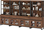 WAMPAT 4 PCS Modern 72" Tall Bookcase with 4 Drawers and Open Book Shelfs, Library Book Shelf with Storage Cabinet and Glass Doors, Wood Freestanding Bookshelves for Home Office, Living Room, Brown